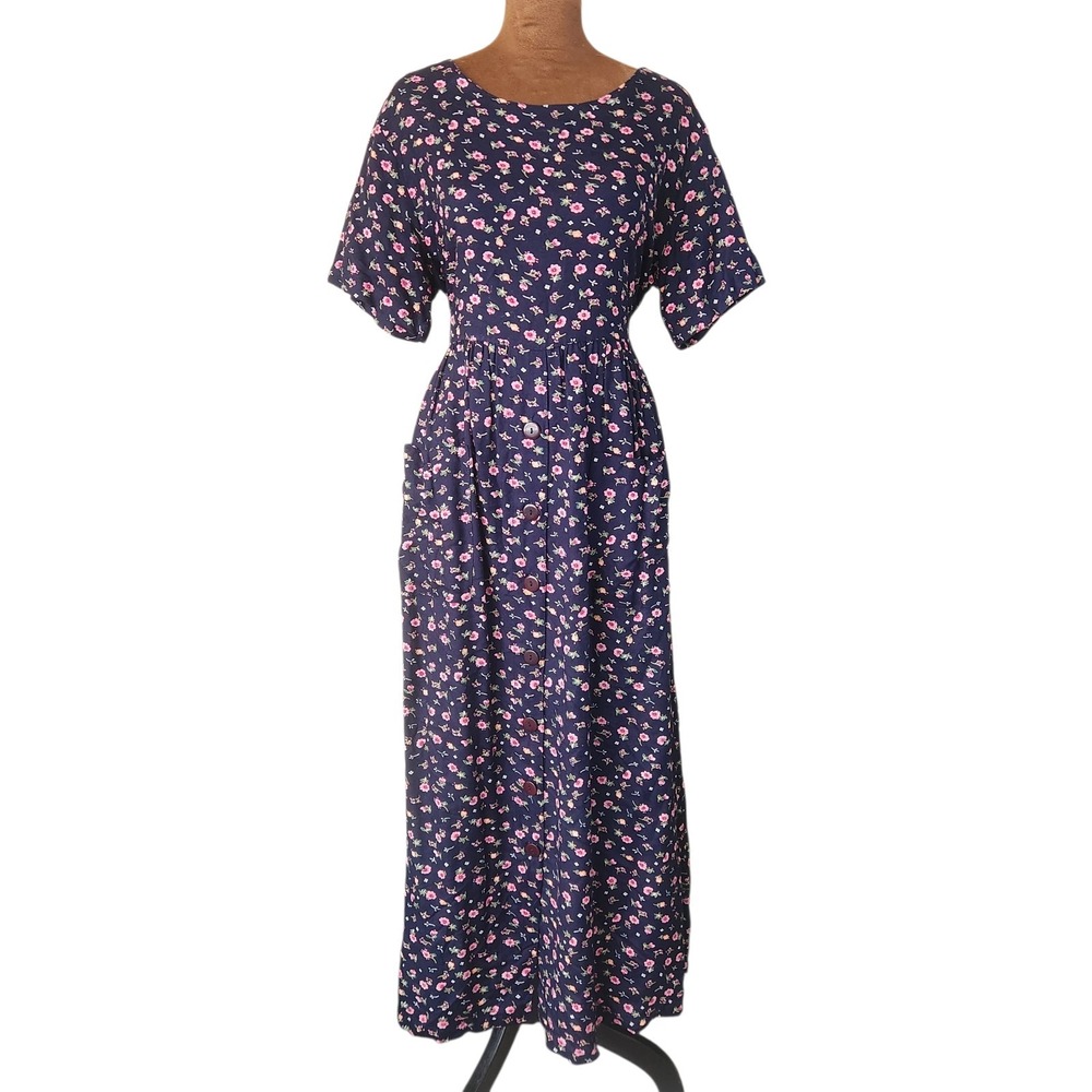 Vintage Fiber Optics Button Down Dress 90s Cottagecore Prairie Tie Back Floral M